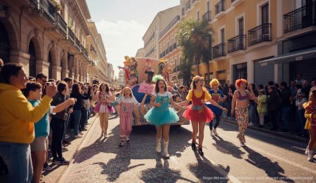 Karnevalsfeier in Calvià Vila mit bunten Kostümen und Wagen