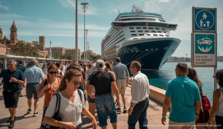 Ein Kreuzfahrtschiff im Hafen von Palma de Mallorca mit Touristen.