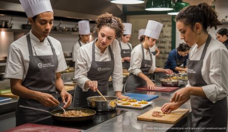 Mallorcas Talente in Gastronomie- und Adoptionsfragen Küchenszene in einer Kochschule auf Mallorca mit aufmerksam arbeitenden Studenten