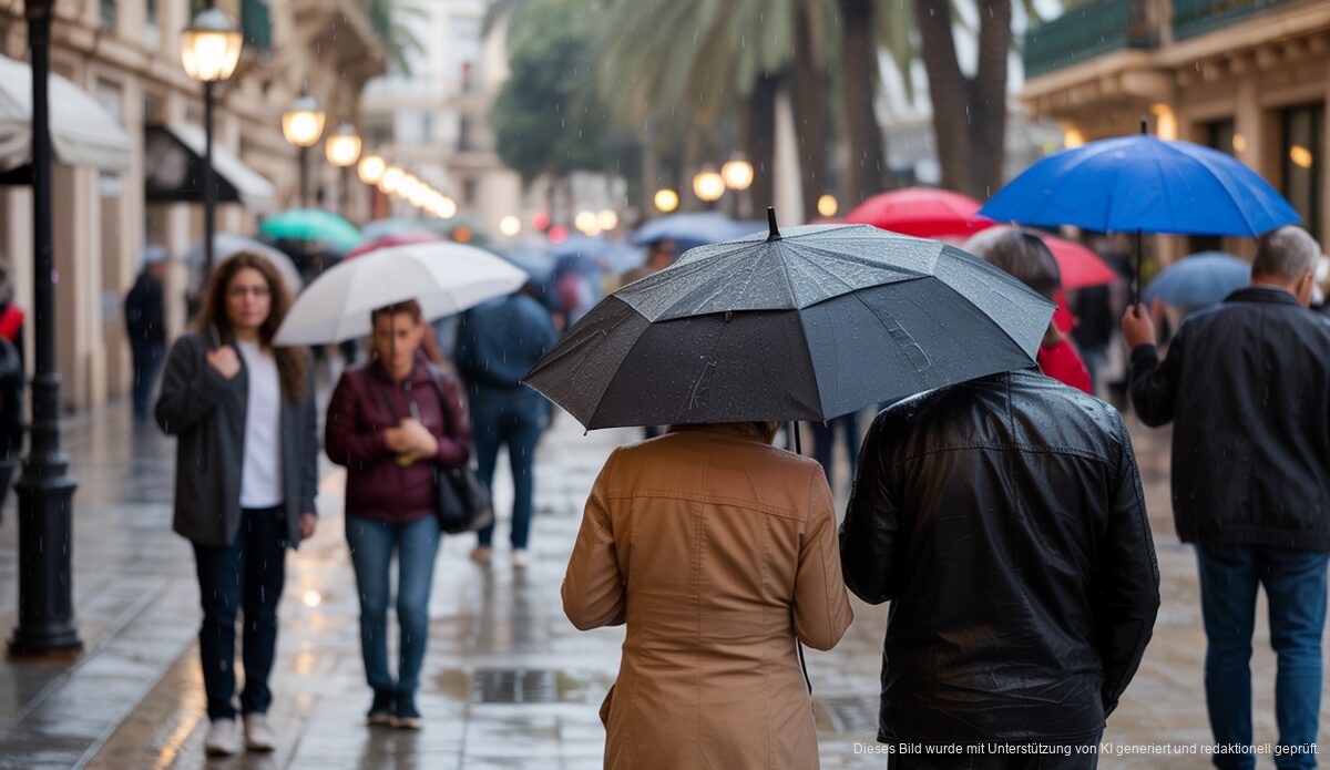 Regnerischer Tag in Palma de Mallorca mit Fußgängern und traditioneller Architektur