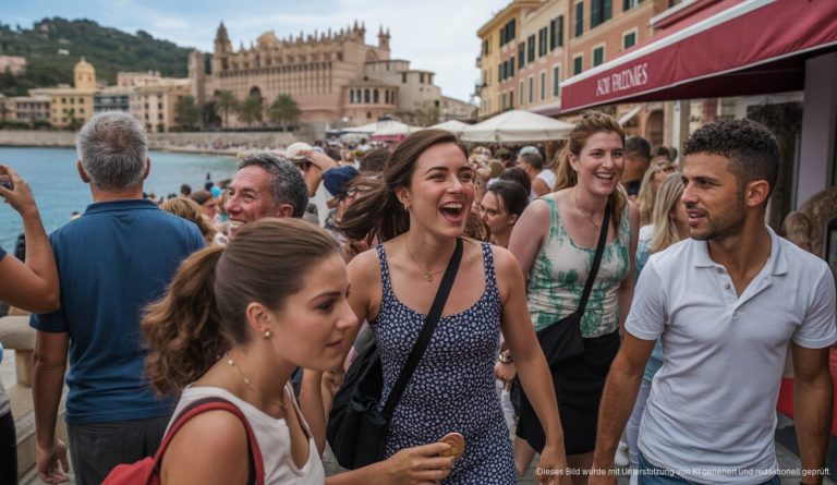 Bild von Mallorca's Küstenlinie mit belebten Straßen und Touristen