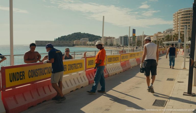 Mallorca plant strahlende Makeover für Deutsche-Hochburgen Bauarbeiten an der Magaluf-Promenade auf Mallorca mit klaren Sommerhimmel und aktiven Arbeitern