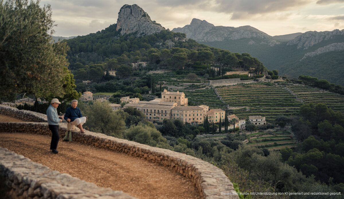 Historische Kulturlandschaft der Serra de Tramuntana auf Mallorca mit Olivenhainen und traditionellen Landgütern.