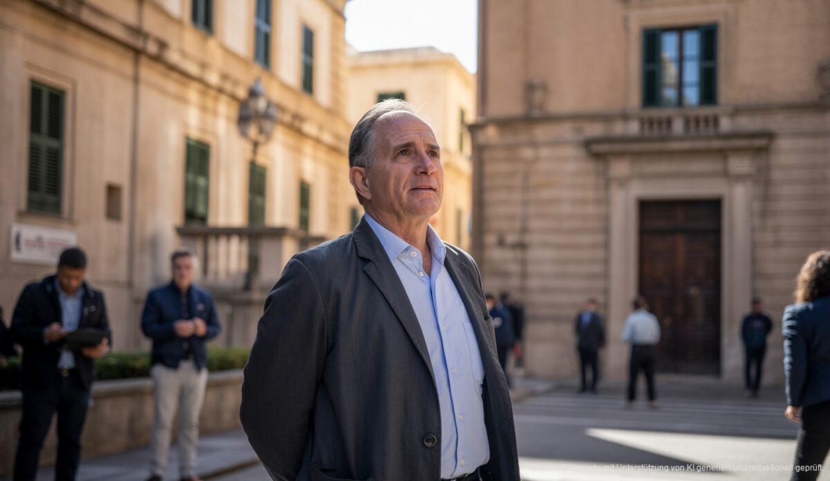 Ein Bauunternehmer vor dem Gerichtsgebäude in Palma de Mallorca nach Schuldenabbau.