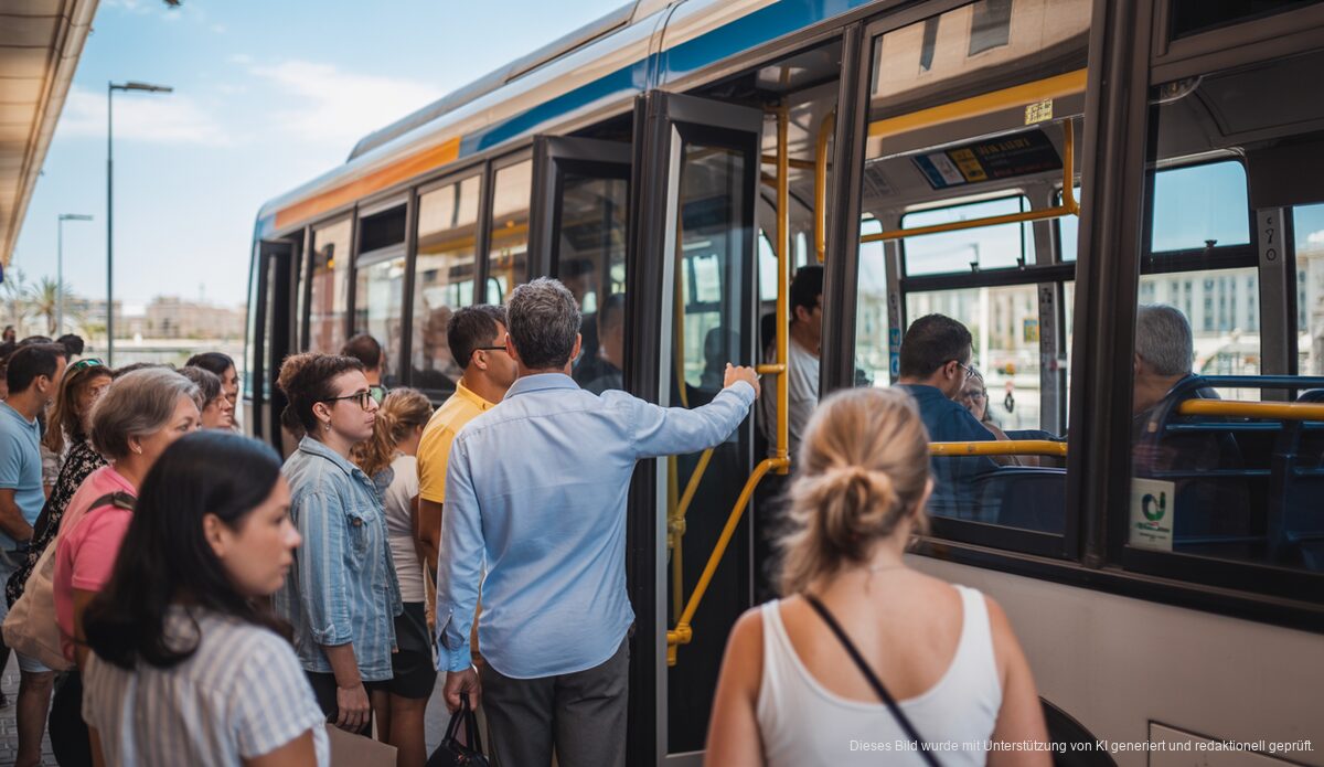 Personen steigen in einen Stadtbus in Palma de Mallorca ein, sonniger Tag