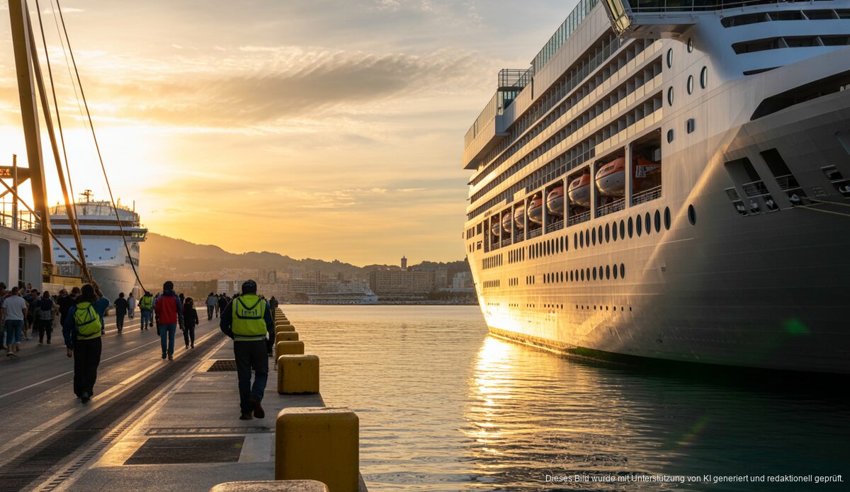Kreuzfahrtschiff im Hafen von Palma de Mallorca bei Sonnenaufgang