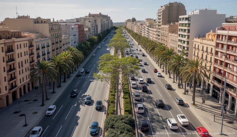 Palma plant wieder: Renaturalisierung und Verkehrsberuhigung an zentraler Autostraße Aktueller Zustand der Avenida Adolfo Suárez in Palma de Mallorca und Vision ihrer zukünftigen Umgestaltung