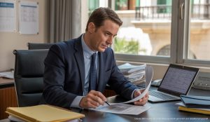 Privatdetektiv in Palma de Mallorca untersucht Krankmeldungsbetrug mit Dokumenten und Laptop.