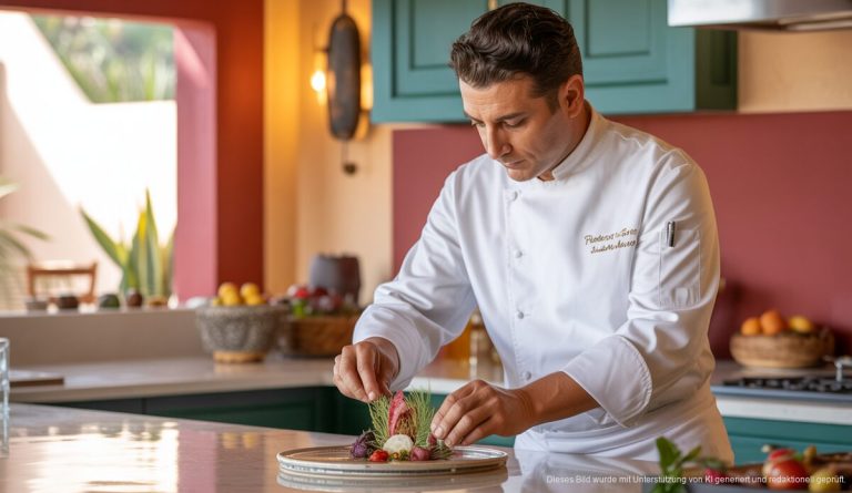 Metus Mustafa Demir, ein talentierter Privatkoch, bereitet in einer eleganten Küche auf Mallorca ein Gourmetgericht zu.