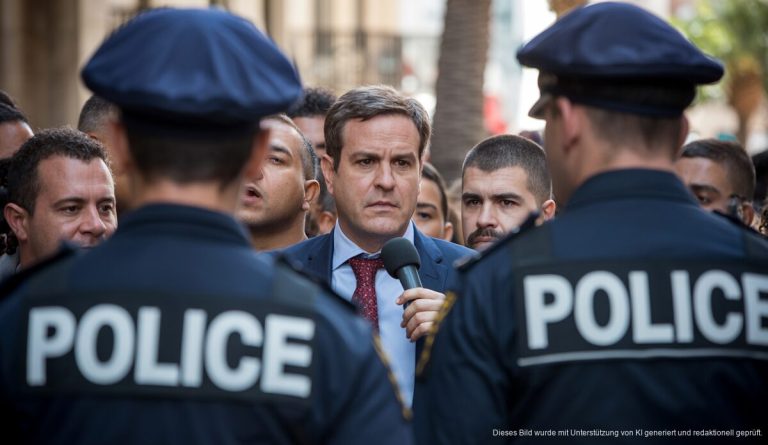 Polizei dreht Bürgermeister von Palma den Rücken zu während eines Protests.