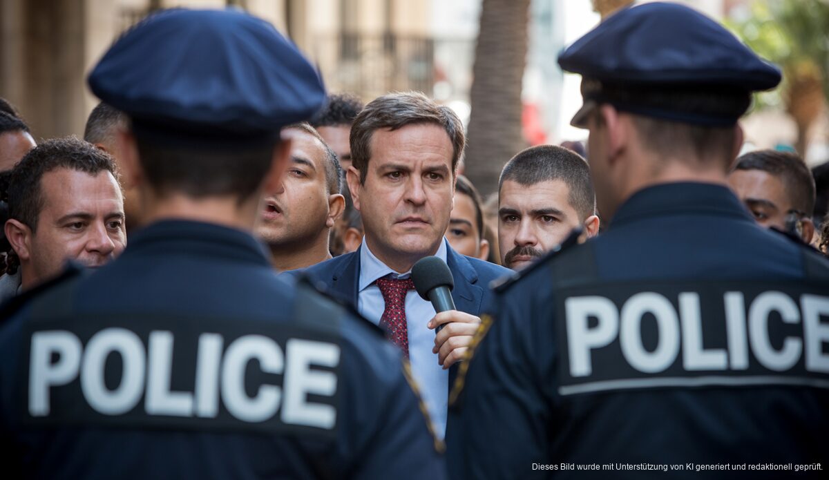 Polizei dreht Bürgermeister von Palma den Rücken zu während eines Protests.