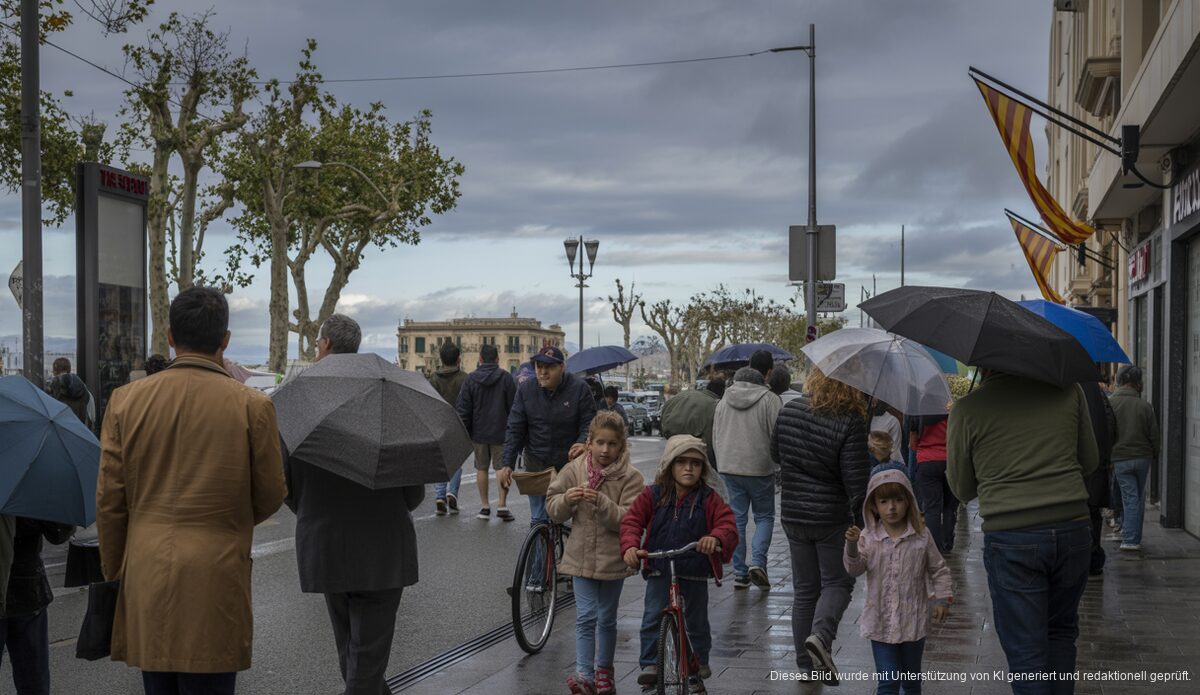 Straßenszene in Palma de Mallorca bei windigem, wolkigem Wetter