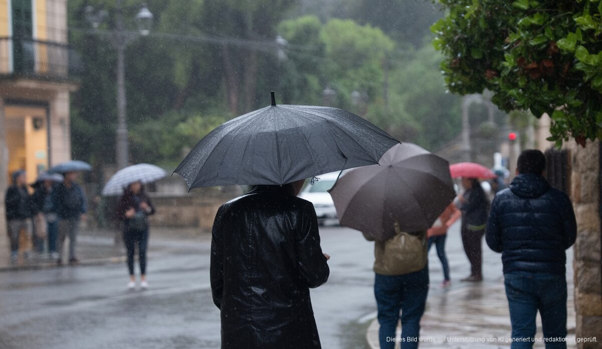 Ein regnerischer Tag in Sóller mit starkem Wind und Menschen unter Regenschirmen.