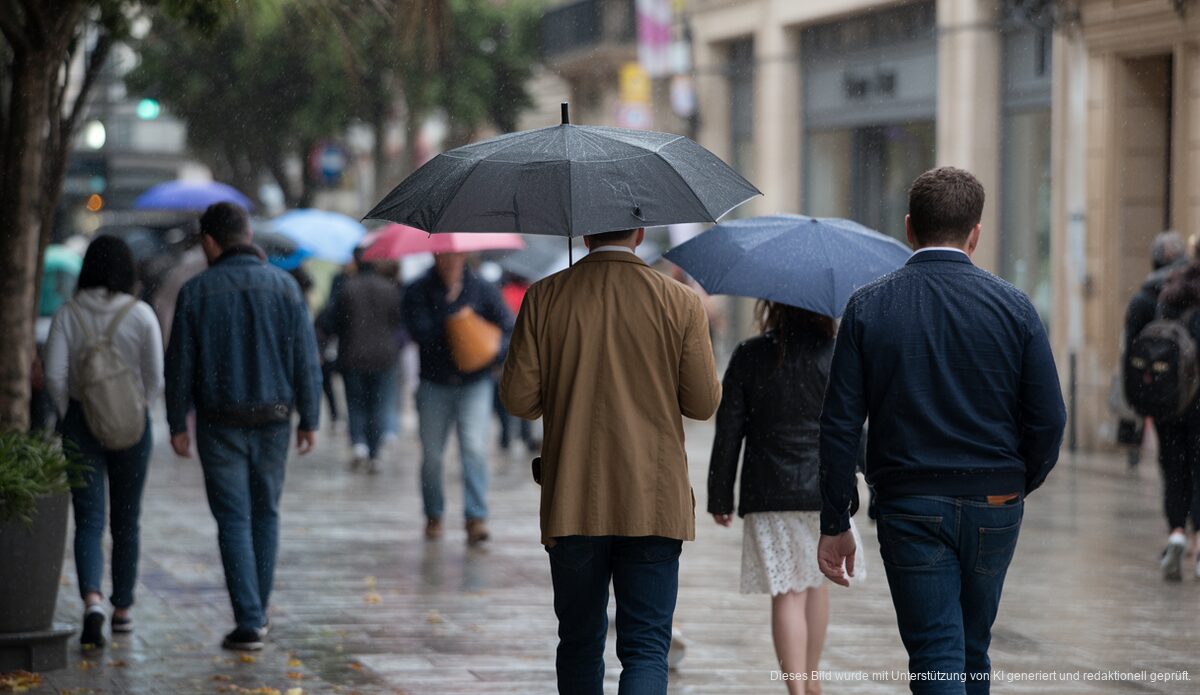 Regnerischer Valentinstag auf Mallorca: Temperaturen und Wetterdetails Regnerischer Valentinstag auf Mallorca: Menschen mit Regenschirmen auf der Straße