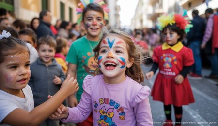 Kinderkarneval Sa Rueta in Palma de Mallorca mit lebhaften Farben und Aktivitäten