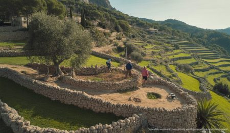 Strengere Regeln für die Serra de Tramuntana schützen Kulturerbe Luftaufnahme der Serra de Tramuntana auf Mallorca mit Terrassenfeldern und historischen Steinmauern