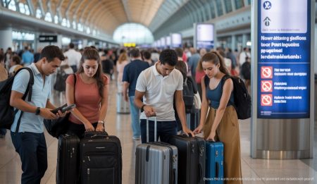 Energieauflagen für Flüge nach Mallorca verschärft Flughafen-Check-in bei Tageslicht mit Reisenden, die die neuen Sicherheitsvorschriften für Powerbanks studieren, Mallorca
