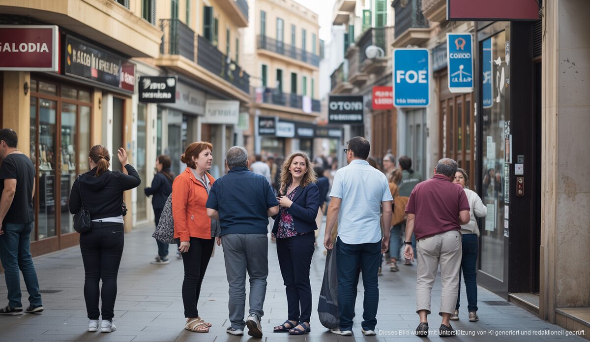 Straßenszene in Palma de Mallorca mit Schildern in katalanischer Sprache