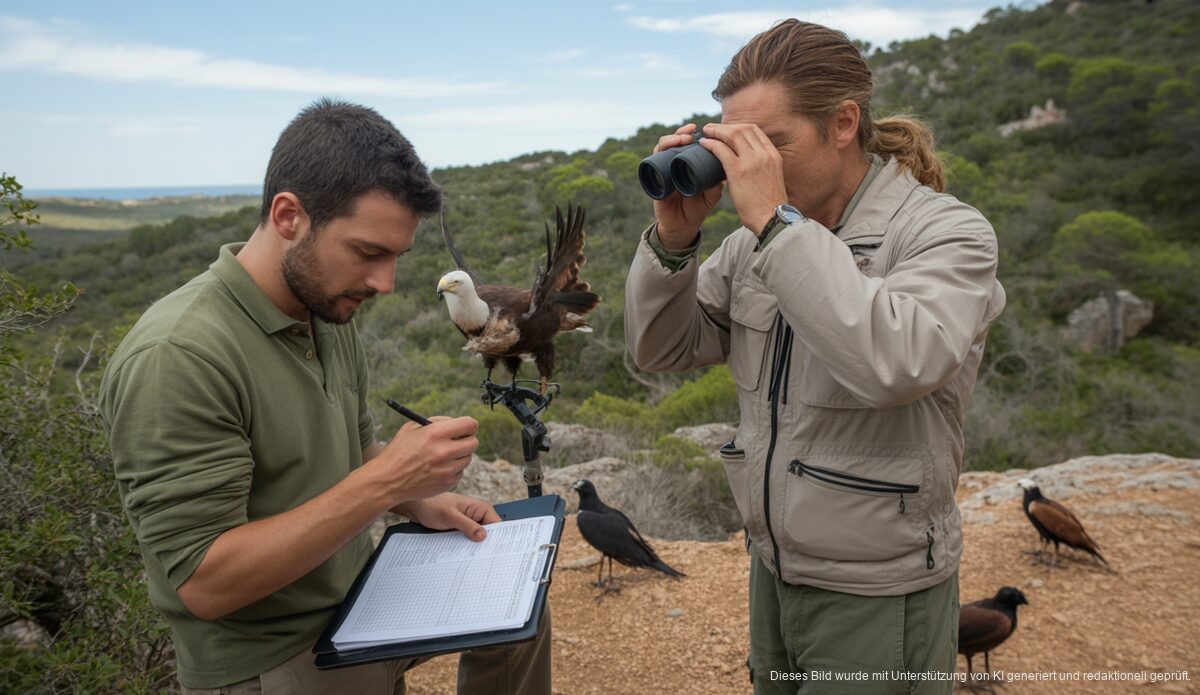 Forscher beobachten Greifvögel auf den Balearen in natürlicher Landschaft.