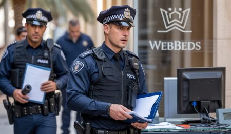 Polizeieinsatz in einem Bürogebäude in Palma de Mallorca beim Sammeln von Beweismaterial.