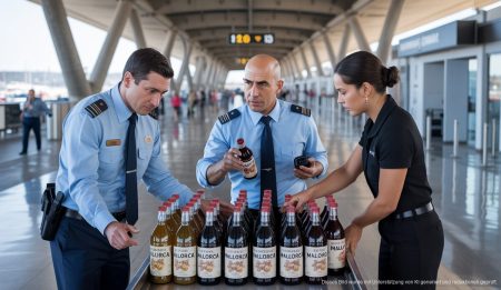 Kontrolle von Sangría-Flaschen am Flughafen Palma, um Produktfälschungen zu vermeiden.