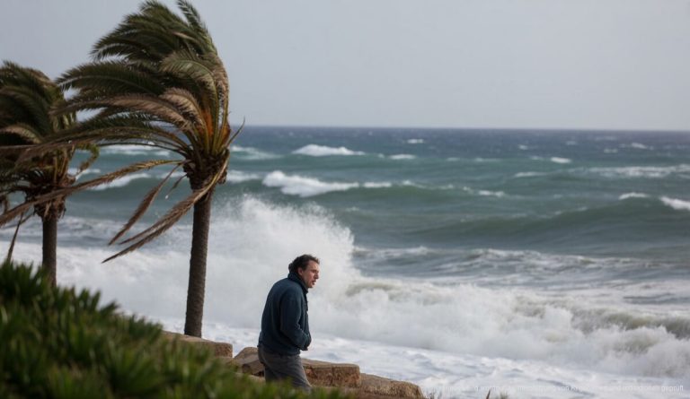 Schwere Stürme auf Mallorca: Warnungen und Vorsichtsmaßnahmen Eine stürmische Küstenszene auf Mallorca mit hohen Wellen und starken Winden.