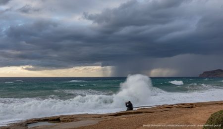 Stürmische Seelandschaft auf Mallorca mit bedrohlichen dunklen Wolken.