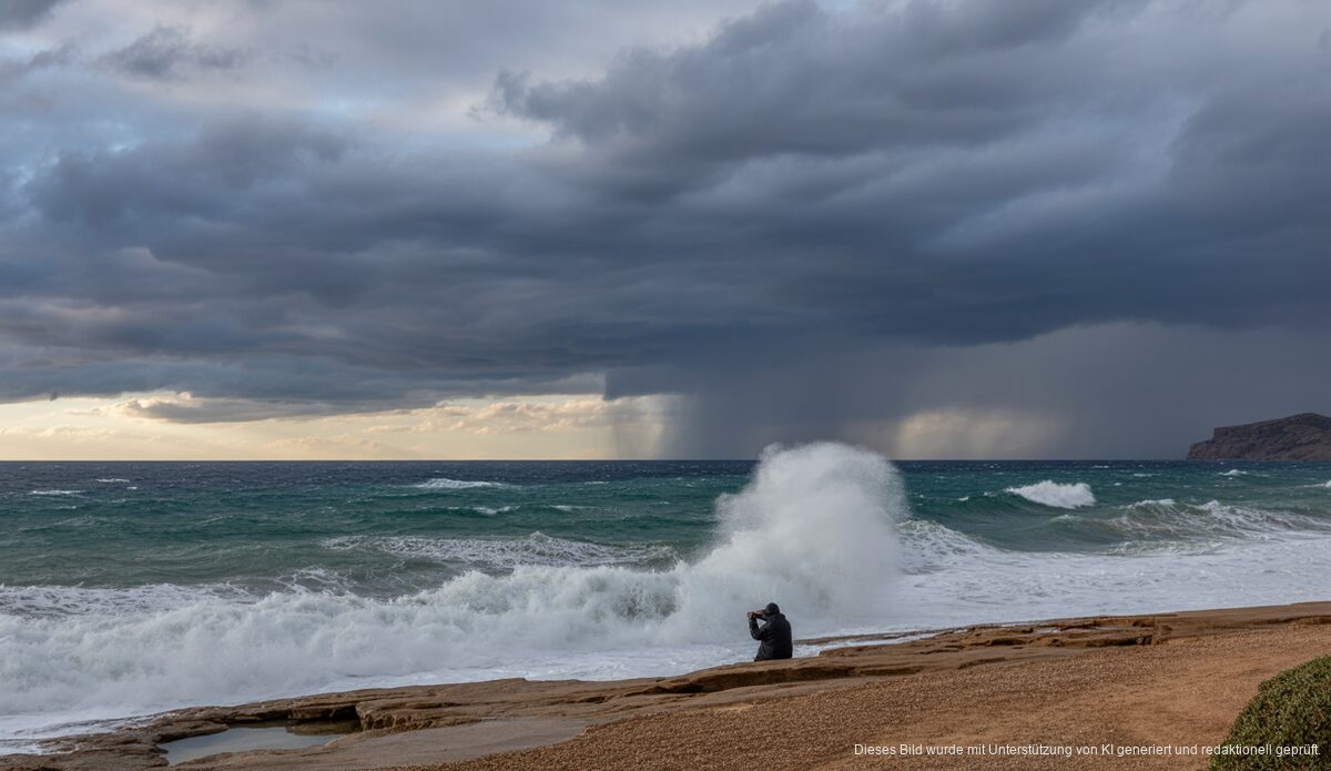 Stürmische Seelandschaft auf Mallorca mit bedrohlichen dunklen Wolken.
