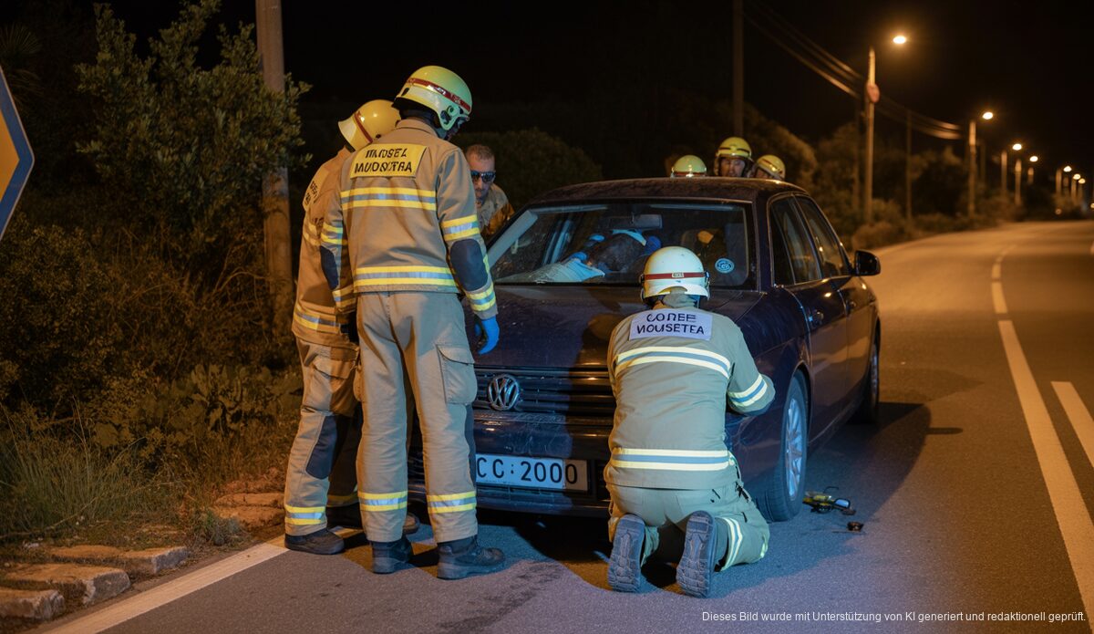 Rettungskräfte bei Nacht an einem Unfallort auf Mallorca