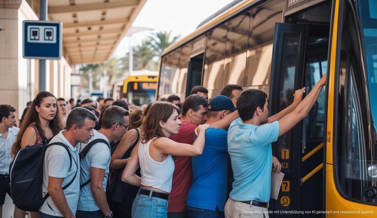 Überfüllte Busstation in Palma de Mallorca mit wartenden Passagieren