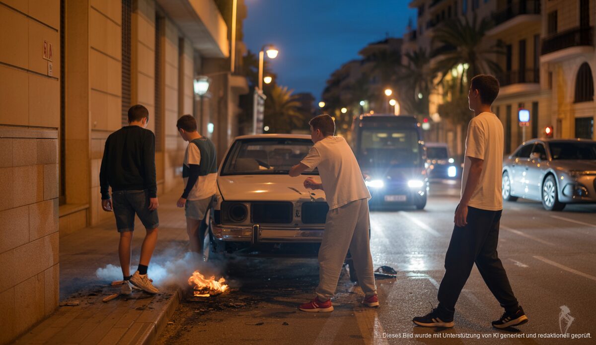 Jugendliche verursachen Vandalismus bei Nacht in Palma, Fahrzeuge und Containern beschädigt