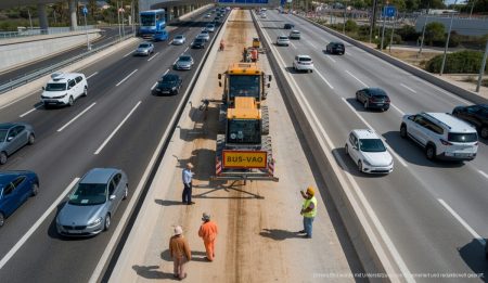 Luftaufnahme der Autobahn Palma de Mallorca mit Baustellen auf der Fahrbahn