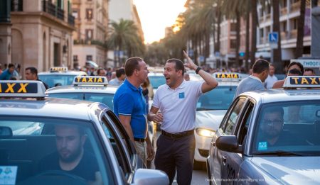 Neue Taxifahrer in Palma de Mallorca, Taxis und Fahrer auf einer belebten Straße, Morgenszene