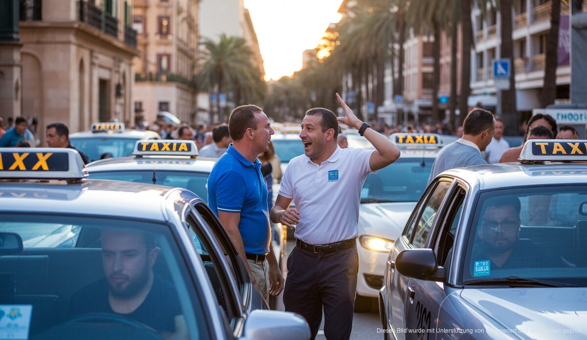 Neue Taxifahrer in Palma de Mallorca, Taxis und Fahrer auf einer belebten Straße, Morgenszene