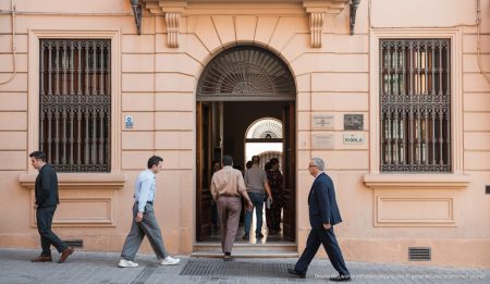 Eingang des Rathauses in Sa Pobla mit Personen im traditionellen Gewand