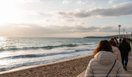 Cala Millor im Februar, bewölkter Himmel und Menschen an der Strandpromenade