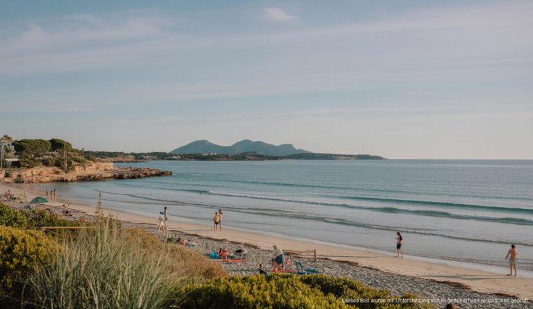Ein Bild von einem milden, überwiegend bewölkten Tag am Strand von Santanyí auf Mallorca im Februar