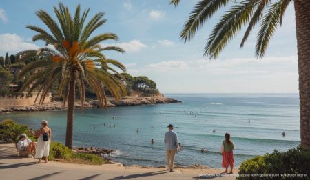 Klare Himmel über Mallorca mit palmengesäumten Küstenlinien und milden Temperaturen, ideal für Outdoor-Aktivitäten.