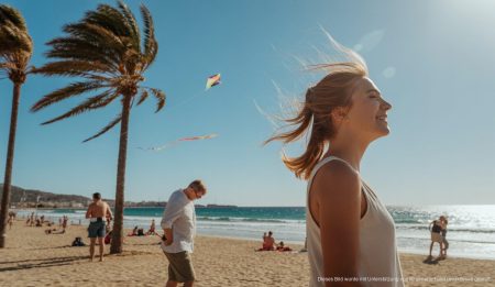 Sonniges, aber windiges Wetter auf Mallorca mit Palmen am Strand.