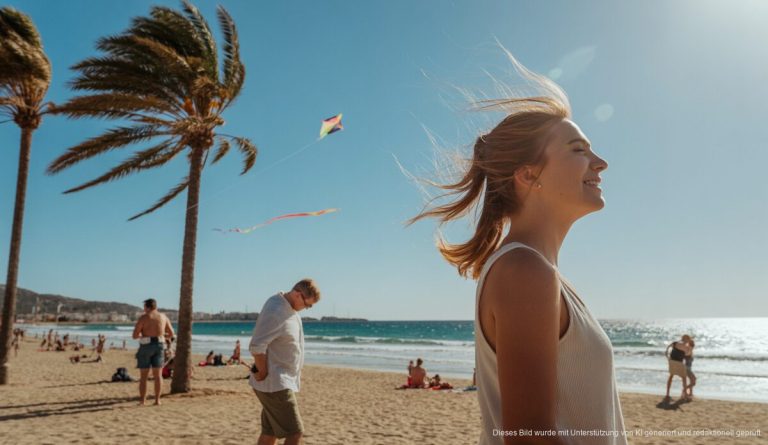 Wetter auf Mallorca: Windige Tage mit Sonne im Anflug Sonniges, aber windiges Wetter auf Mallorca mit Palmen am Strand.