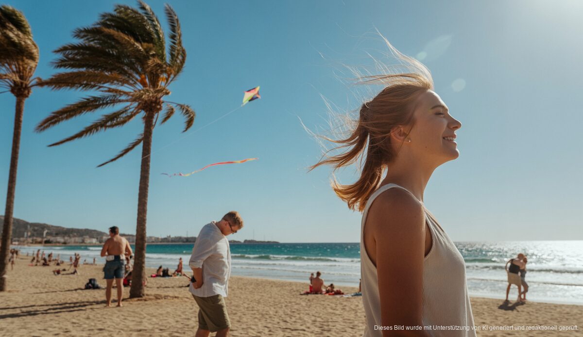 Sonniges, aber windiges Wetter auf Mallorca mit Palmen am Strand.