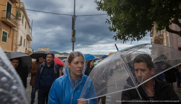 Unwetterwarnung für Mallorca: Regen und Sturmböen erwartet Menschen mit Regenschirmen in Selva auf Mallorca bei stürmischem Wetter