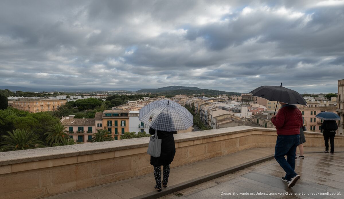 Eine Straßenszene in Alcúdia unter einer dichten Wolkendecke