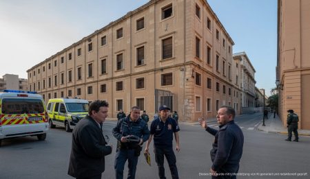 Außenansicht der alten Haftanstalt in Palma mit Sicherheitskräften und Notfallfahrzeugen