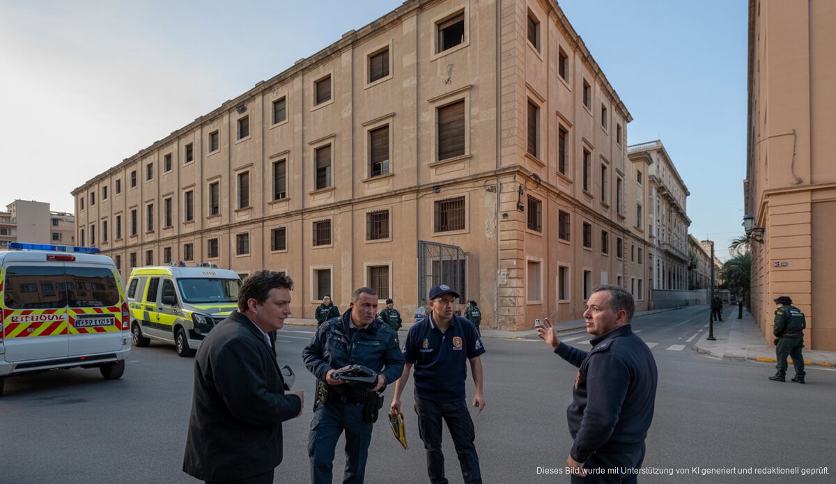 Außenansicht der alten Haftanstalt in Palma mit Sicherheitskräften und Notfallfahrzeugen