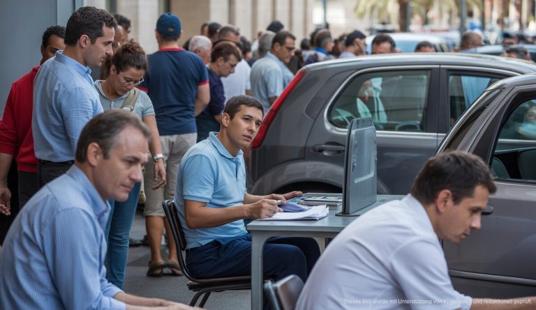 Fahrzeugzulassungsstelle in Palma de Mallorca mit wartenden Menschen