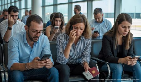 Kinder und Erwachsene in einem Flughafen warten auf ihren Flug, besorgt mit ihren Telefonen beschäftigt.