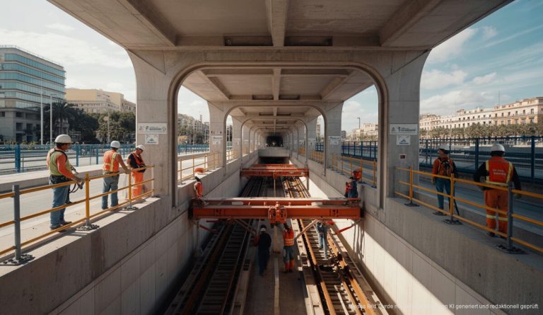 Neue Metro-Linie in Palma: Schnell zum Krankenhaus Son Espases Moderne Metro-Baustelle in Palma mit Arbeitern und Maschinen