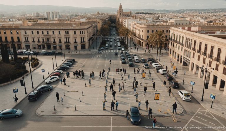 Palma erweitert kostenpflichtige Parkzonen erheblich Blick auf Stadtteil von Palma mit neuen Parkscheinautomaten und Fußgänger