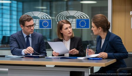 EU-Büro in Brüssel mit Vertretern, die Tourismusdokumente prüfen